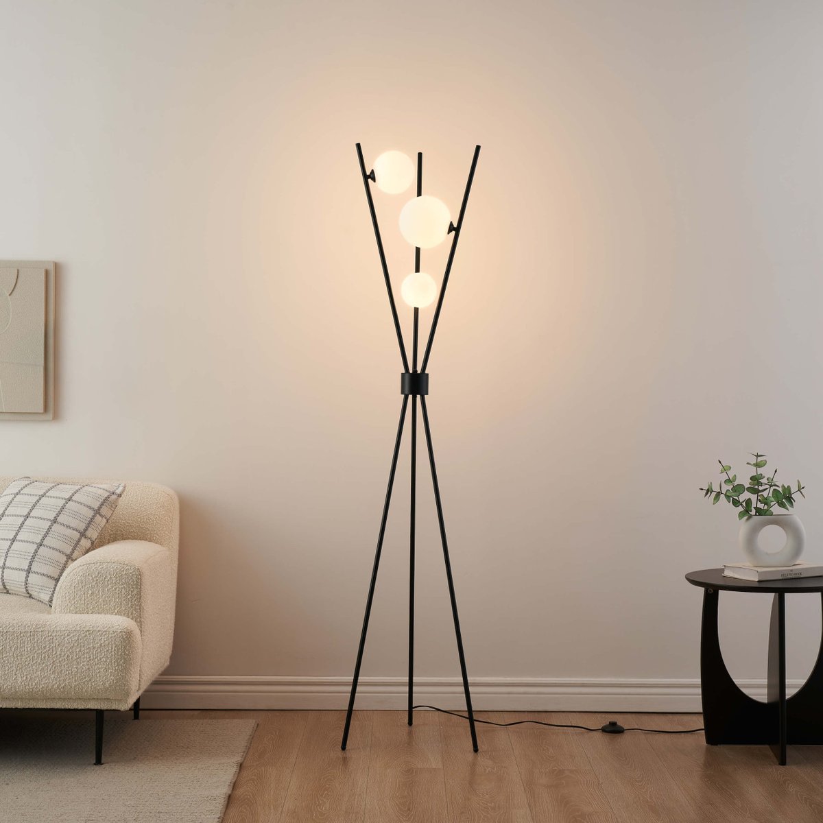 Lampadaire triple à verre blanc - PHOEBE noir et blanc, KOSILUM
