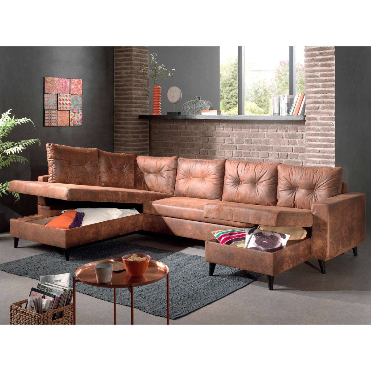 Canapé Panoramique 7 places - NORDIC marron, BEST MOBILIER