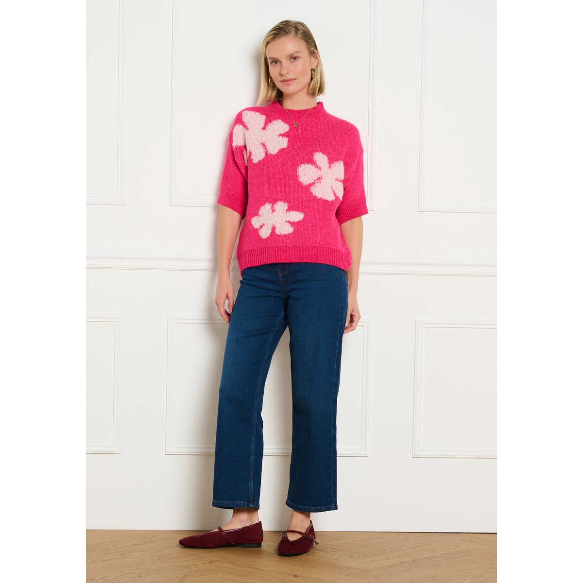 Pull fleuri manches courtes rose fluo, LOLALIZA