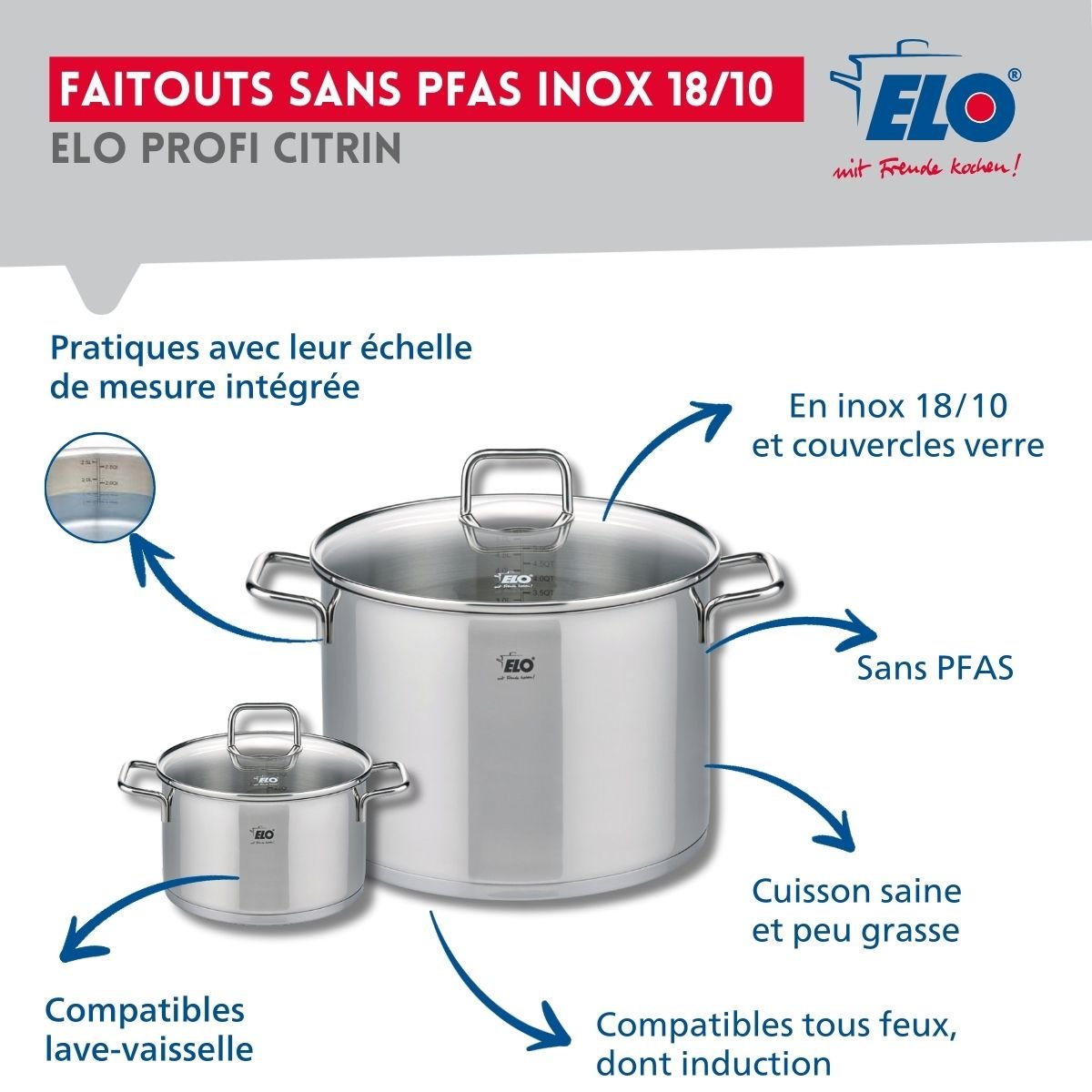 Batterie 1 poêle 28cm + 2 faitouts 14/26cm PROFI CITRIN inox, ELO