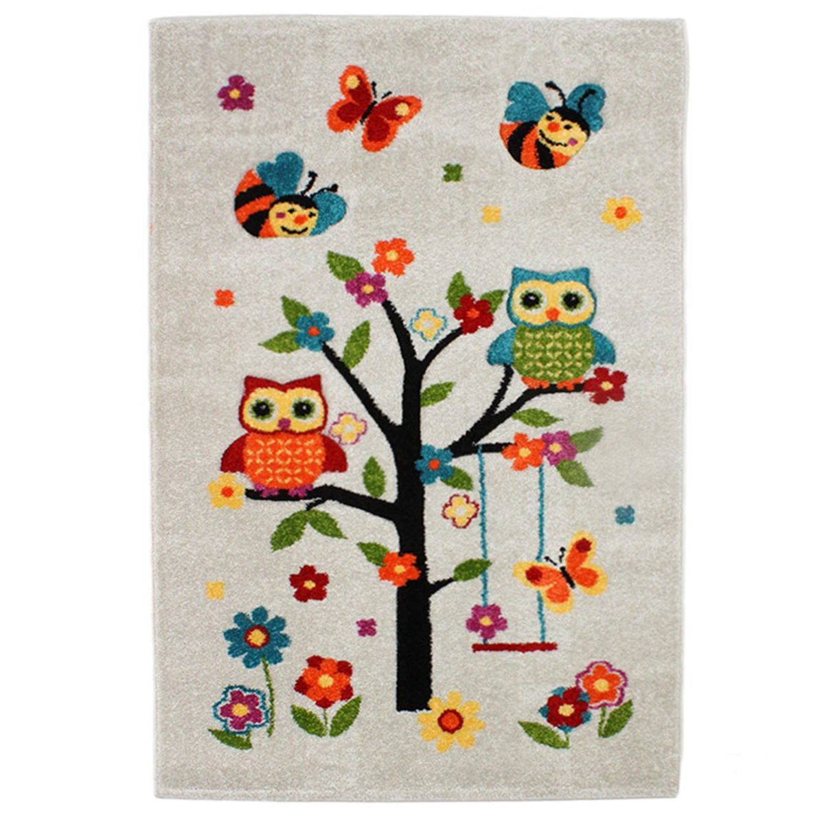 Tapis enfant toucher doux laineux CHOUETTES blanc, THE DECO FACTORY