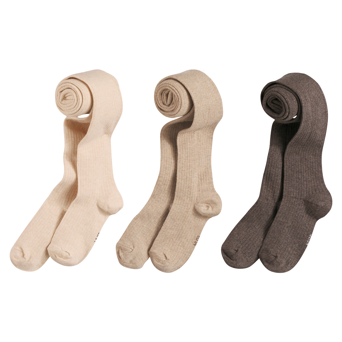 Lot de 3 collants unis en côte marron + beige + écru, LA REDOUTE COLLECTIONS