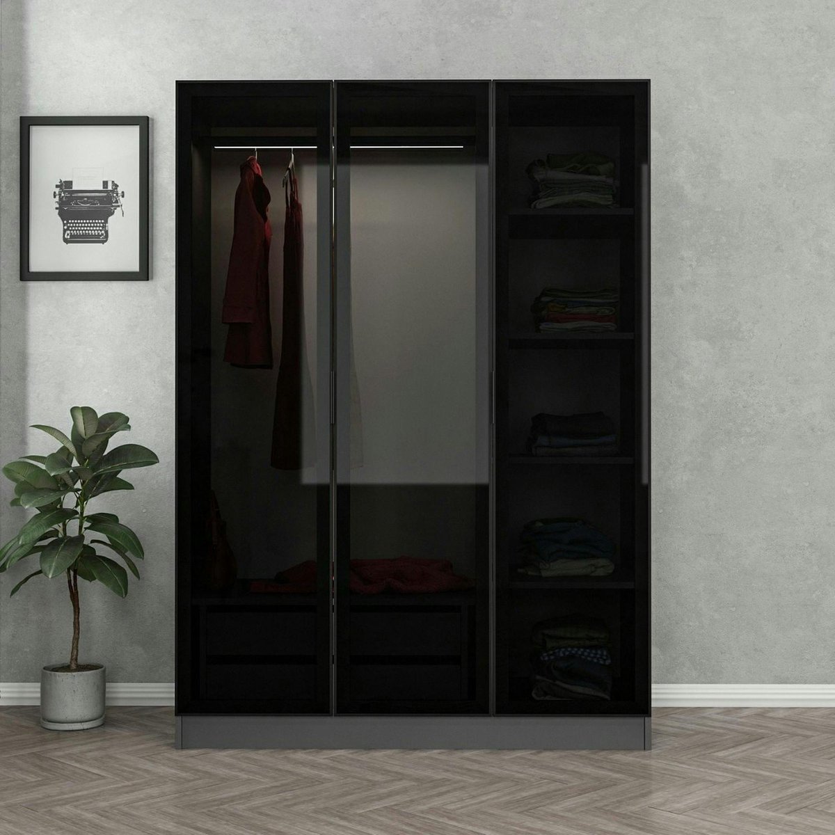 Armoire penderie grise design, 3 portes vitrées BYRON anthracite, PIER IMPORT