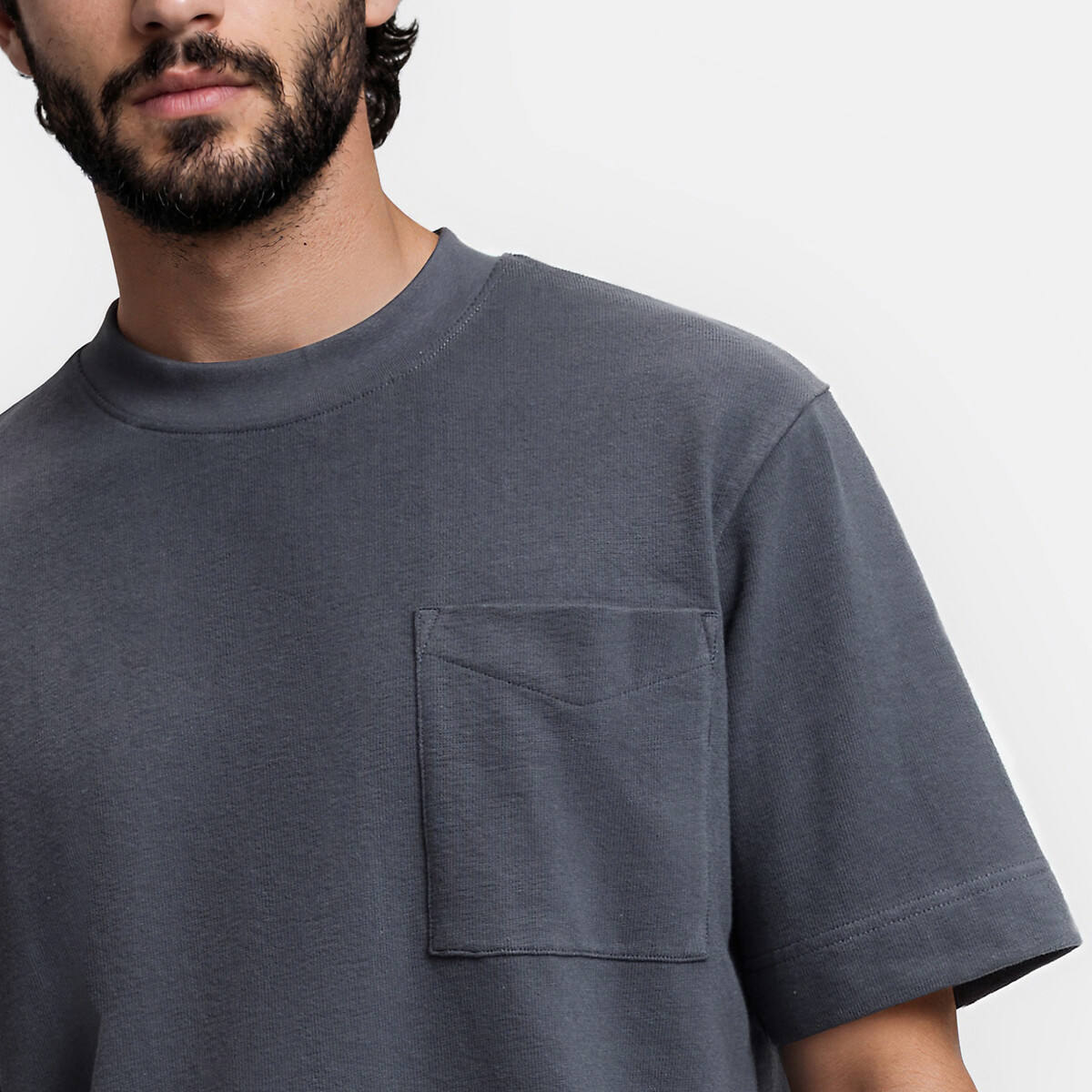 T-shirt col rond manches courtes à poche, matière texturée bleu foncé, LA REDOUTE COLLECTIONS