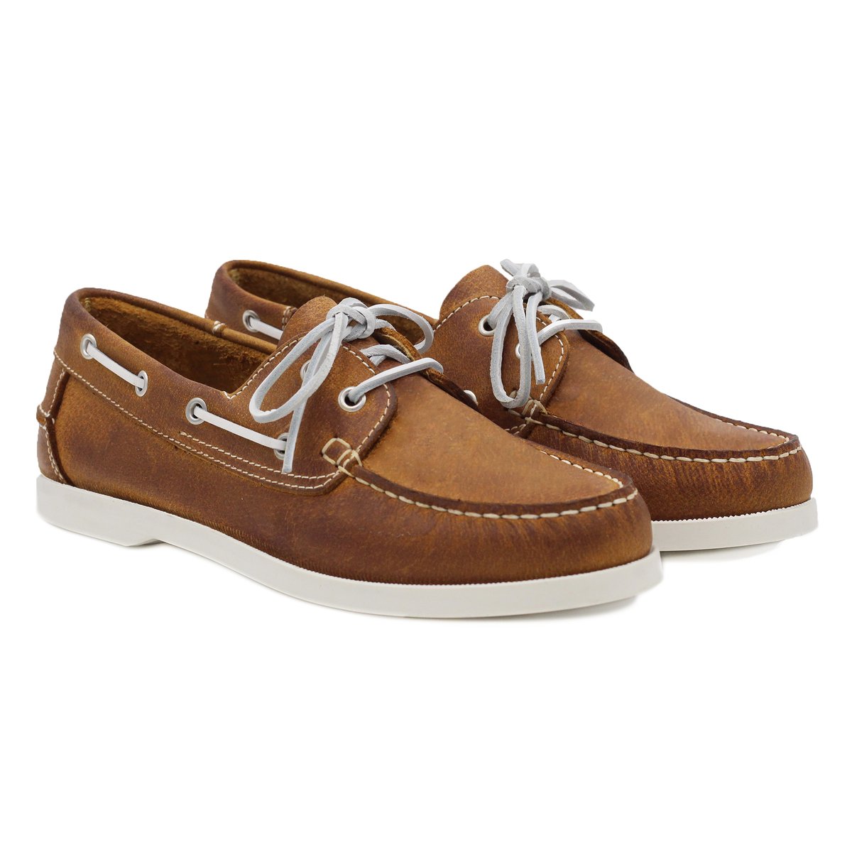 Chaussures bateau cuir mat brossé cognac, JULES & JENN