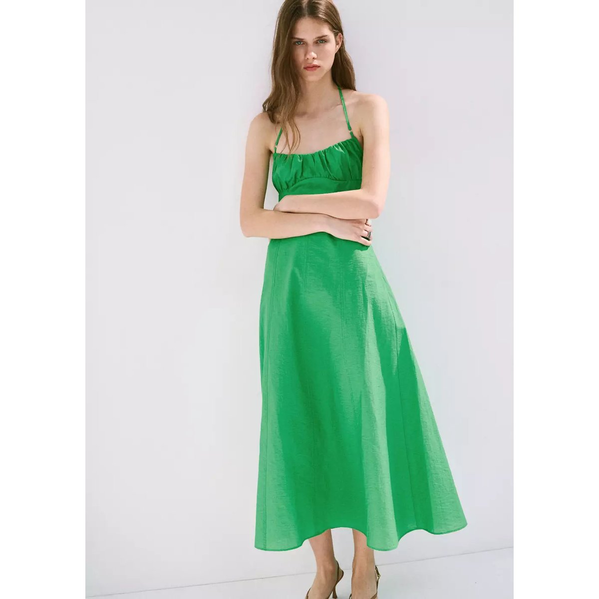 Robe emmanchures américaines détails froncés vert, MANGO