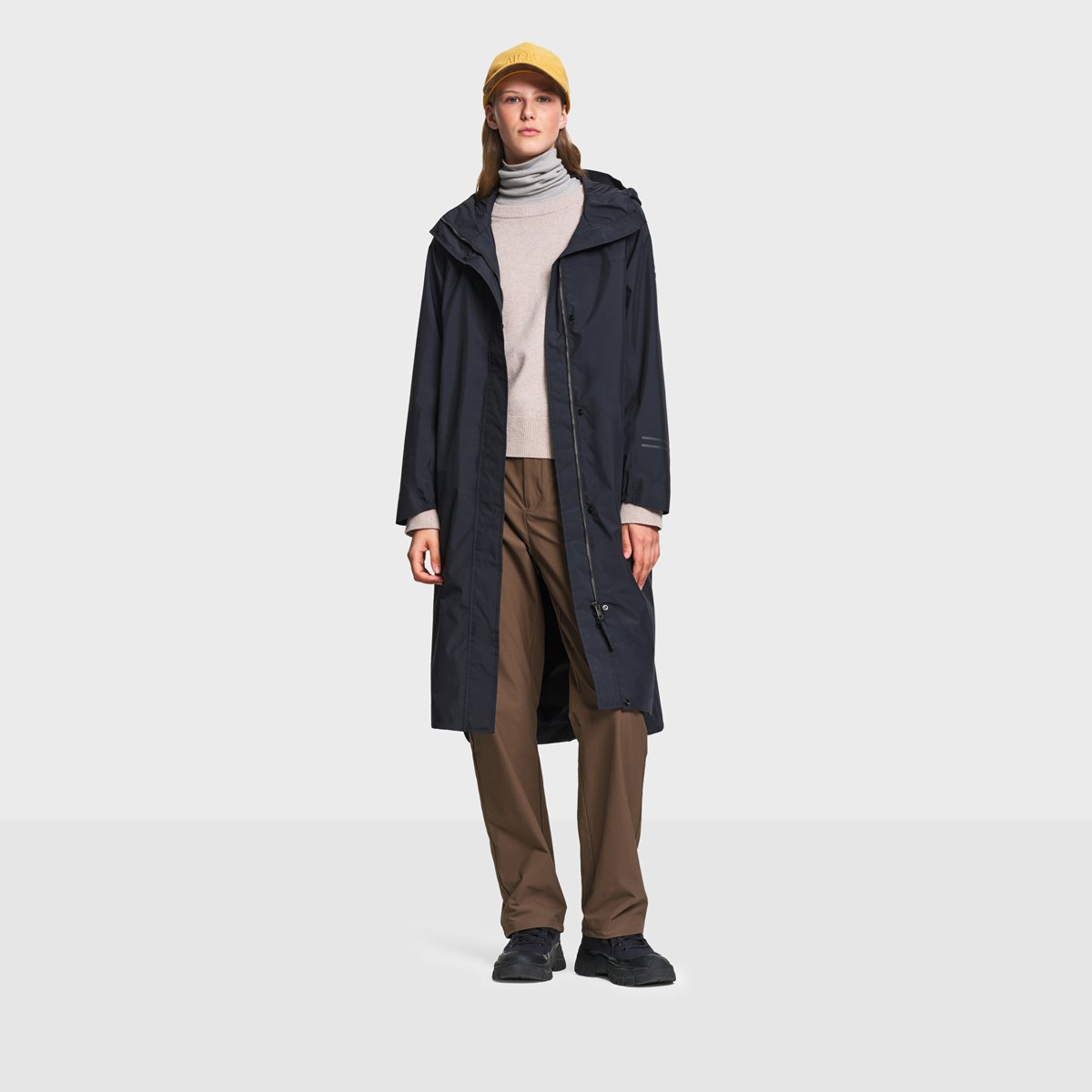 Parka très longue imperméable à fentes et capuche ajustable bleu nuit, AIGLE