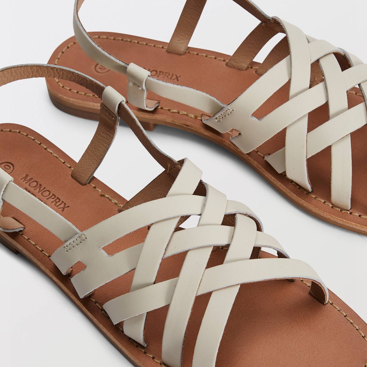 Sandales multi brides en cuir blanc, MONOPRIX
