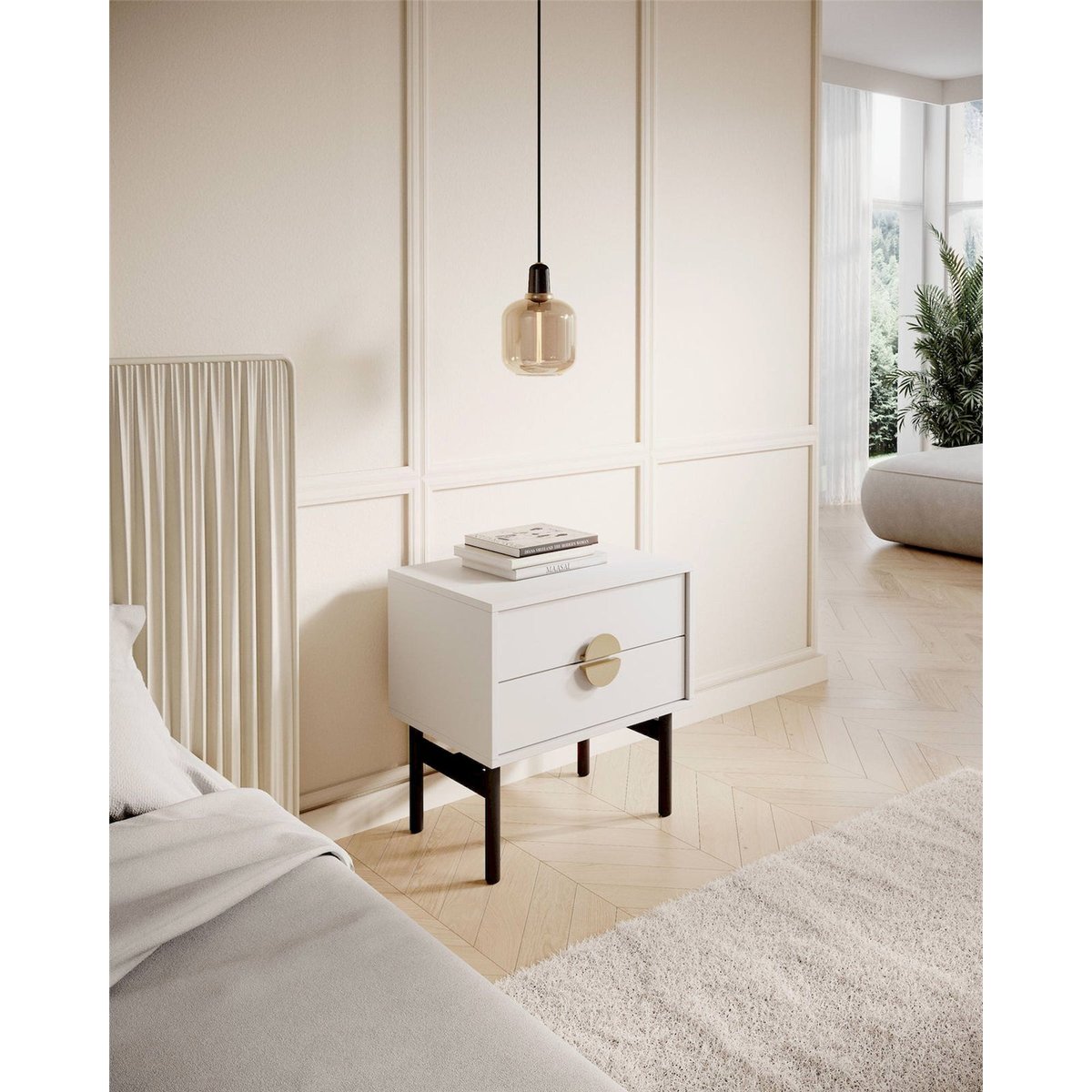 Table de chevet collection STOON blanc avec piètement noir et poignées dorées, RECOLLECTION