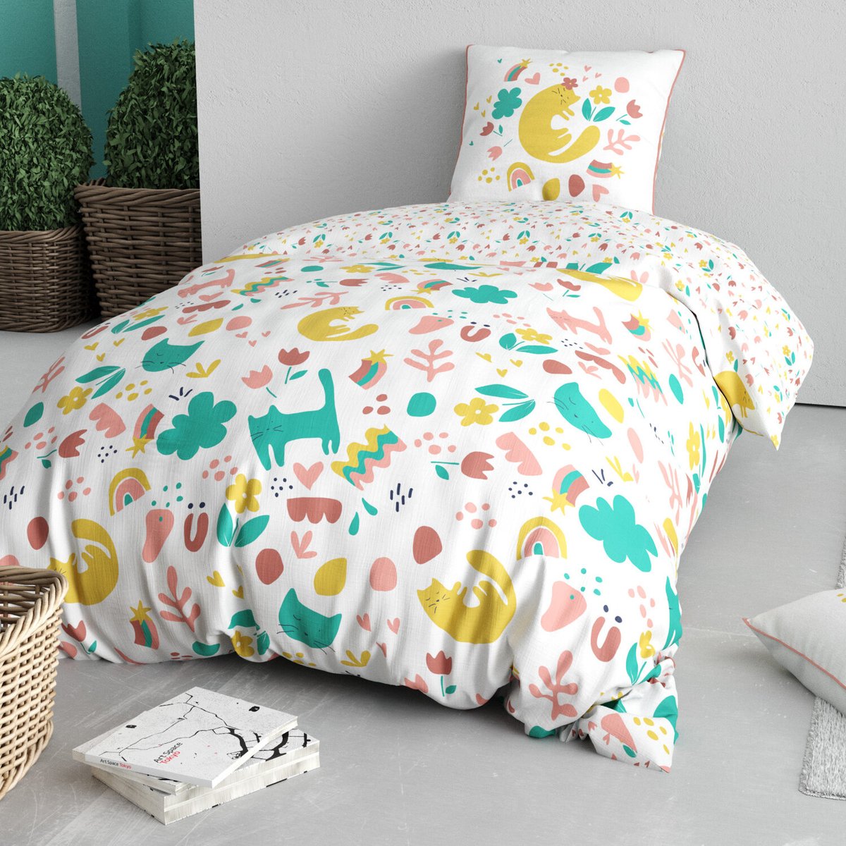 Parure housse de couette coton imprimée, Minou rose, C DESIGN HOME TEXTILE