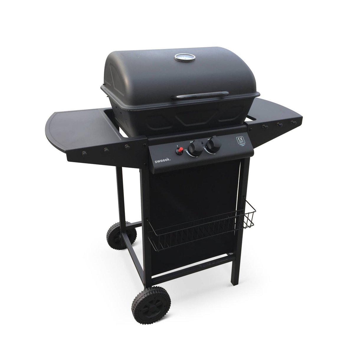 Barbecue gaz 2 brûleurs avec roues, tablettes et thermomètre ARAMIS noir, SWEEEK
