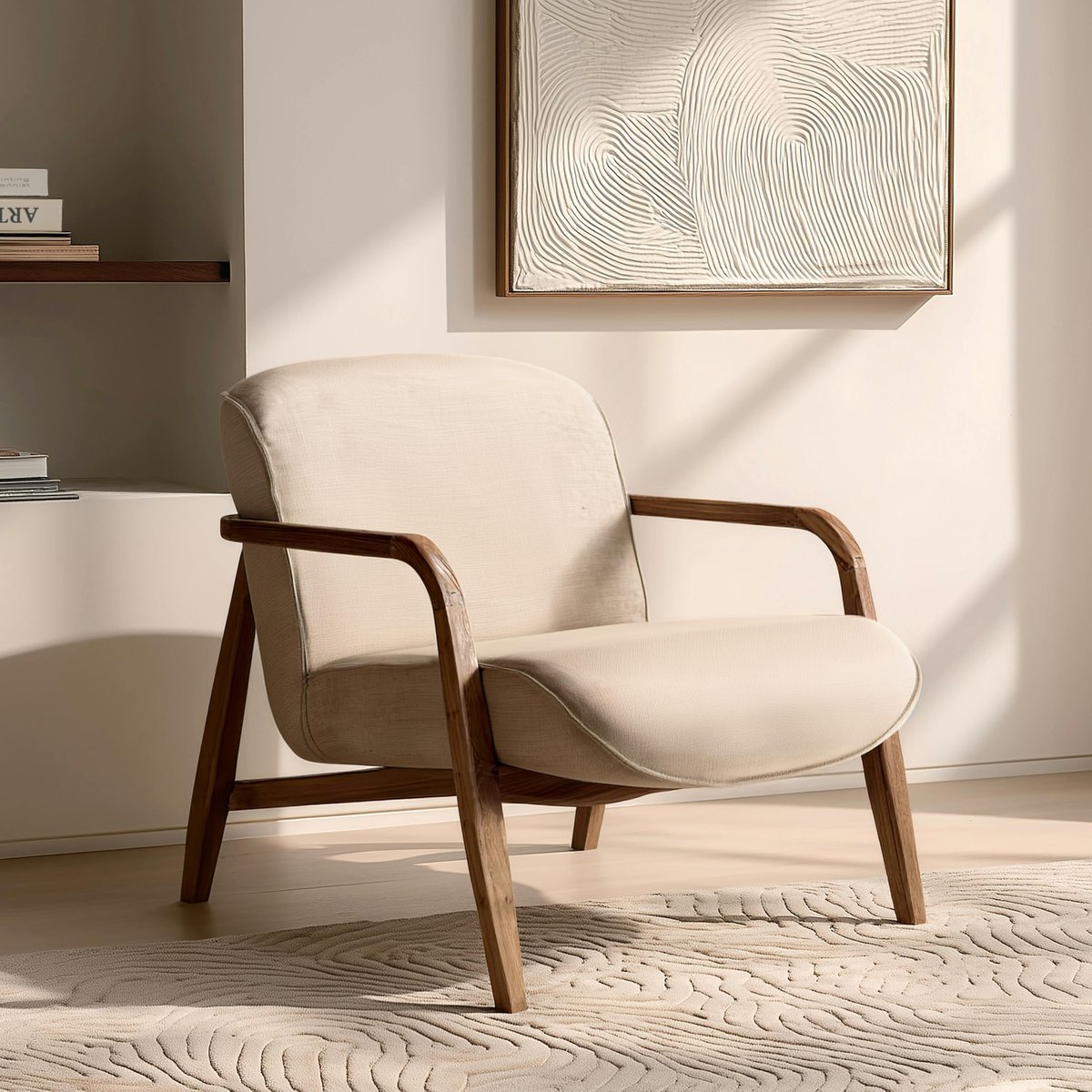 Fauteuil en tissu beige et bois de teck recyclé SWING bois naturel, PIER IMPORT