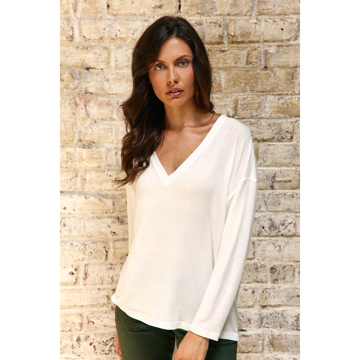T-shirt manches longues col v uni TARCEL 11-ecru, LA PETITE ETOILE