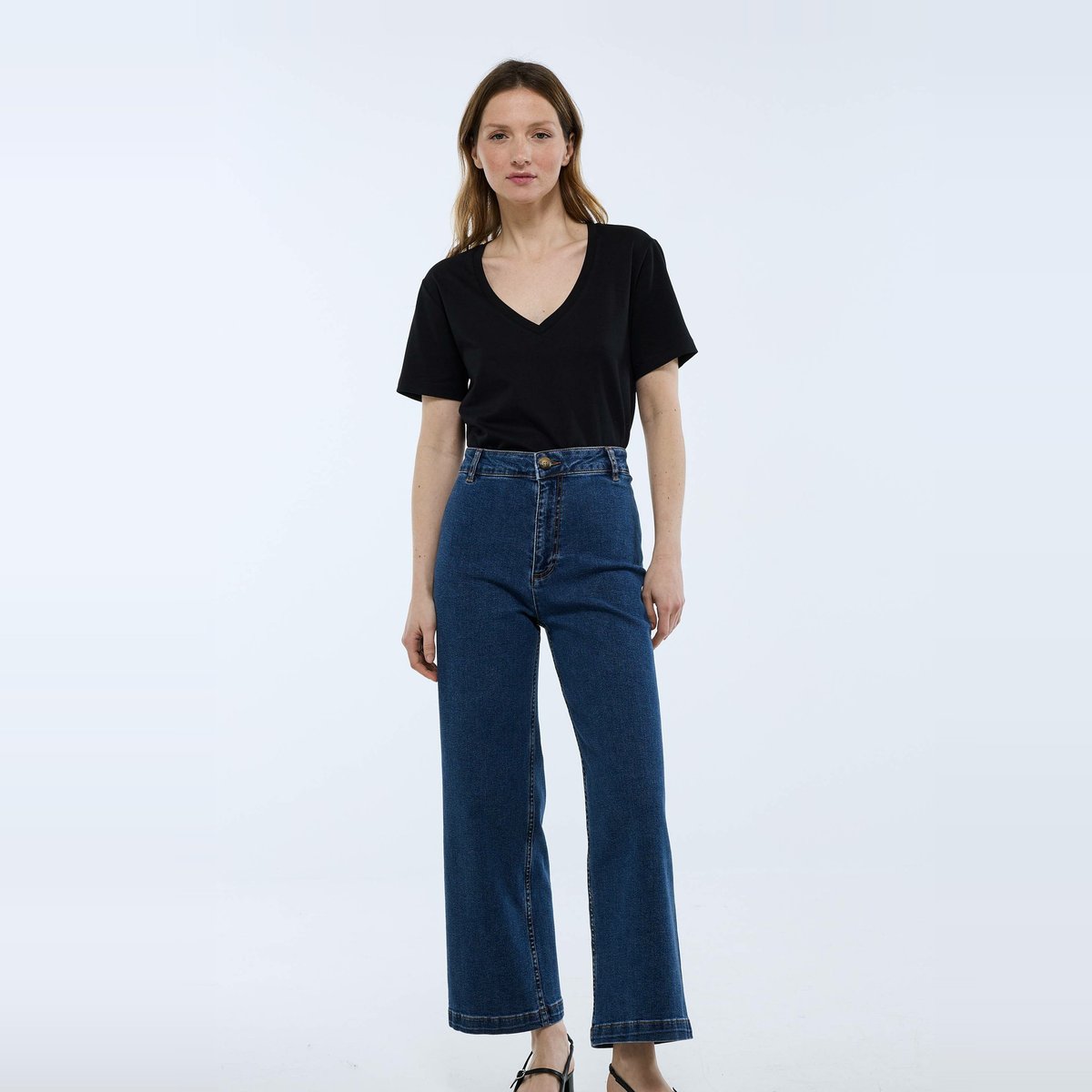 Jean large taille haute stone denim, MONOPRIX