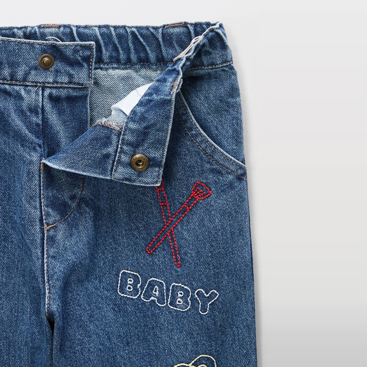 Jean taille élastique brodé en coton denim, BOUT'CHOU