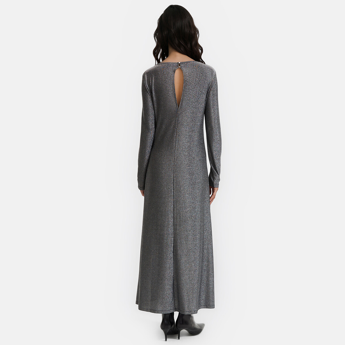 Langes Kleid mit langen Ärmeln aus glänzendem Strick schwarz silber, LA REDOUTE COLLECTIONS