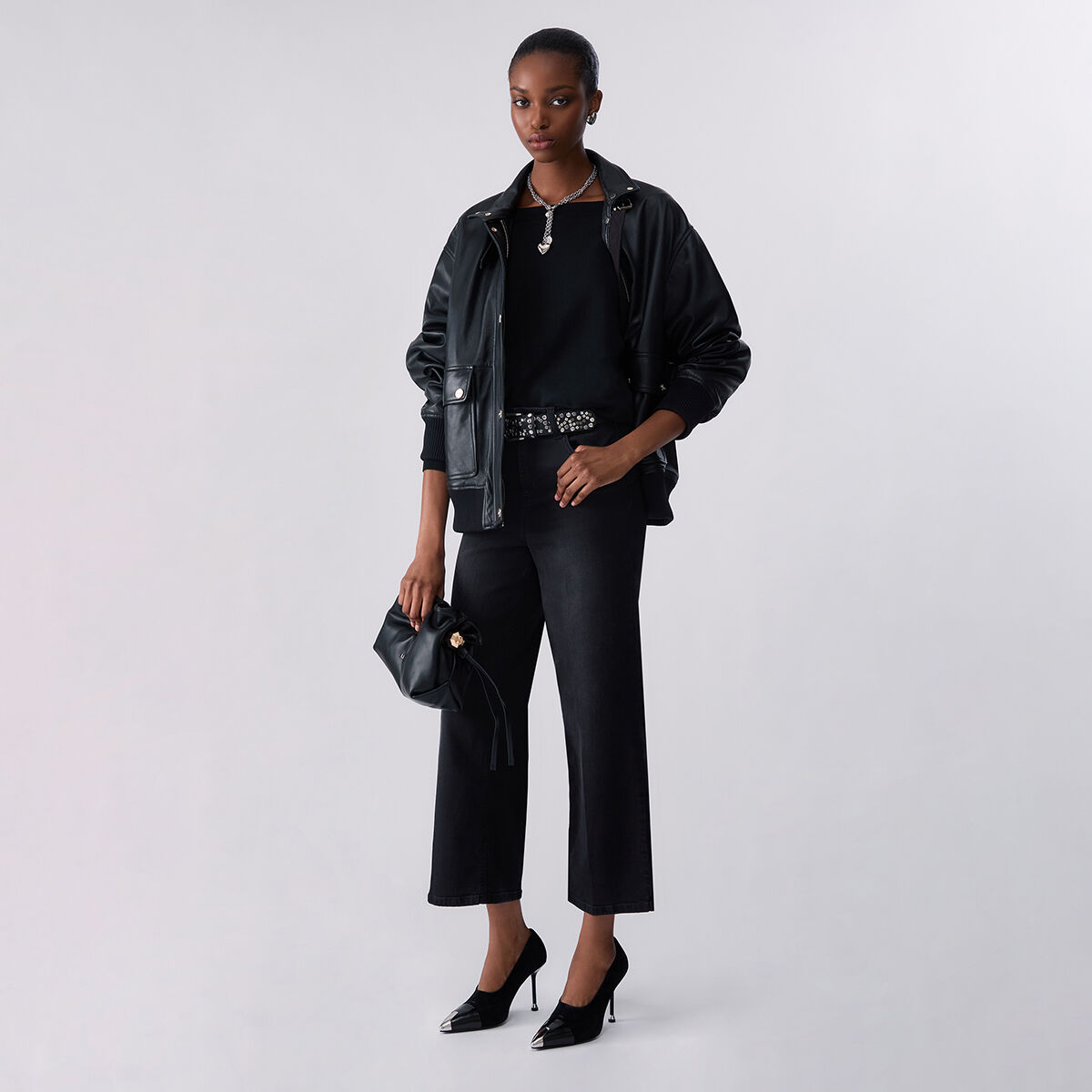 Pantalon évasé court denim noir, LIU JO