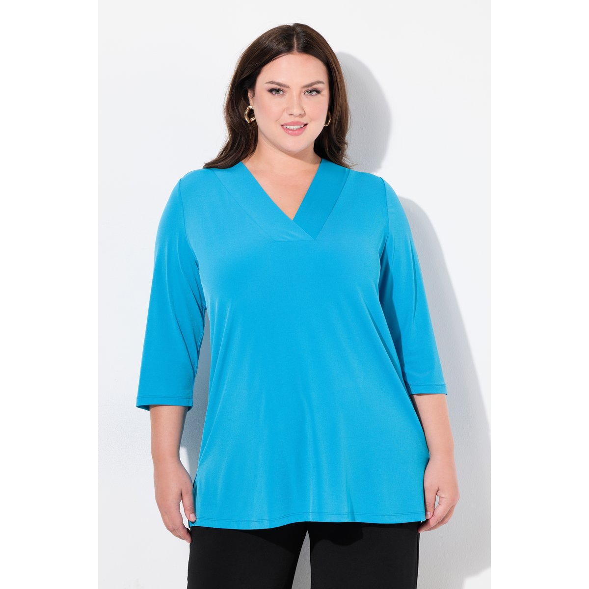 T-shirt long, décolleté en V et manches 3/4 turquoise clair, ULLA POPKEN