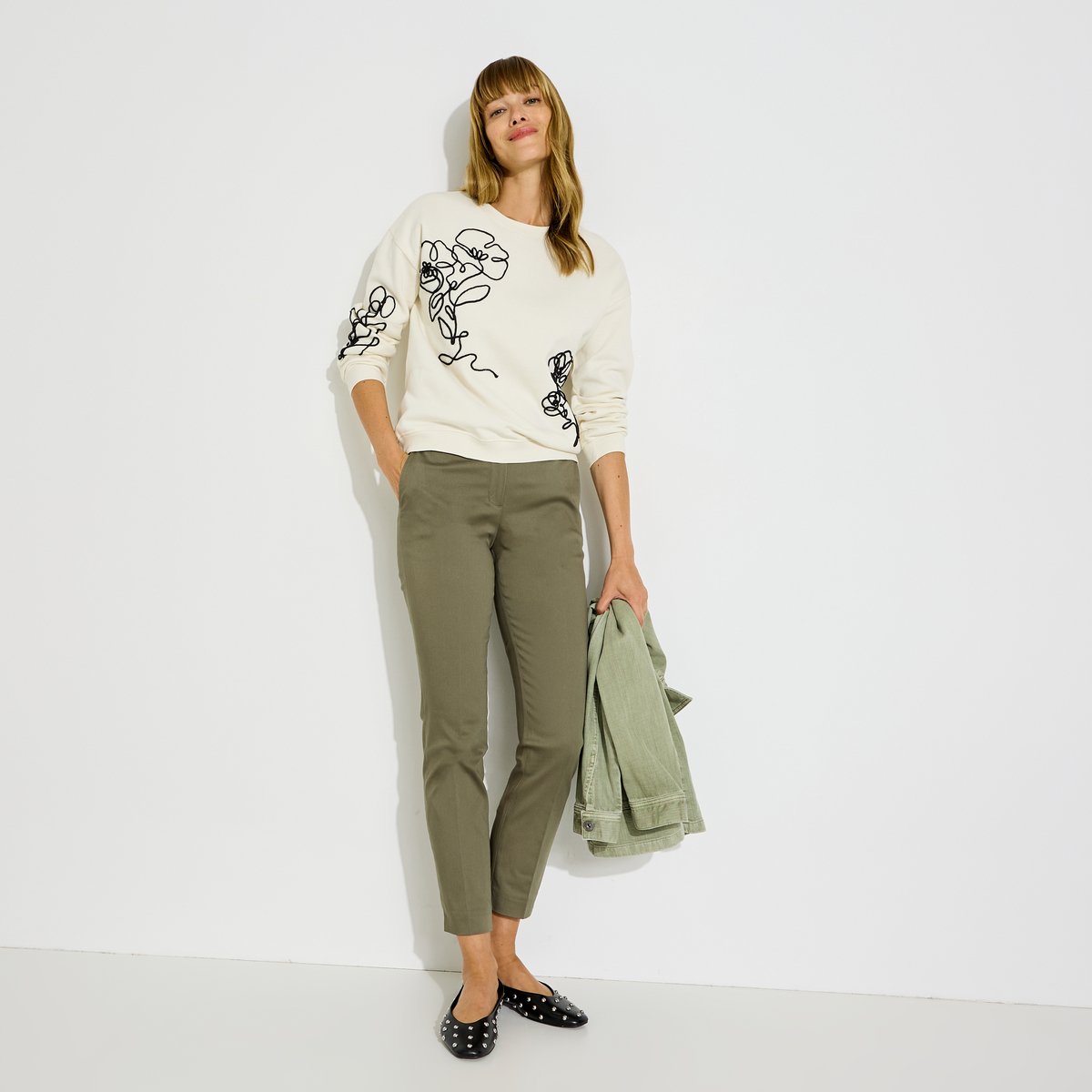 Sweat brodé motifs fleurs blanc cassé ecru, GRAIN DE MALICE