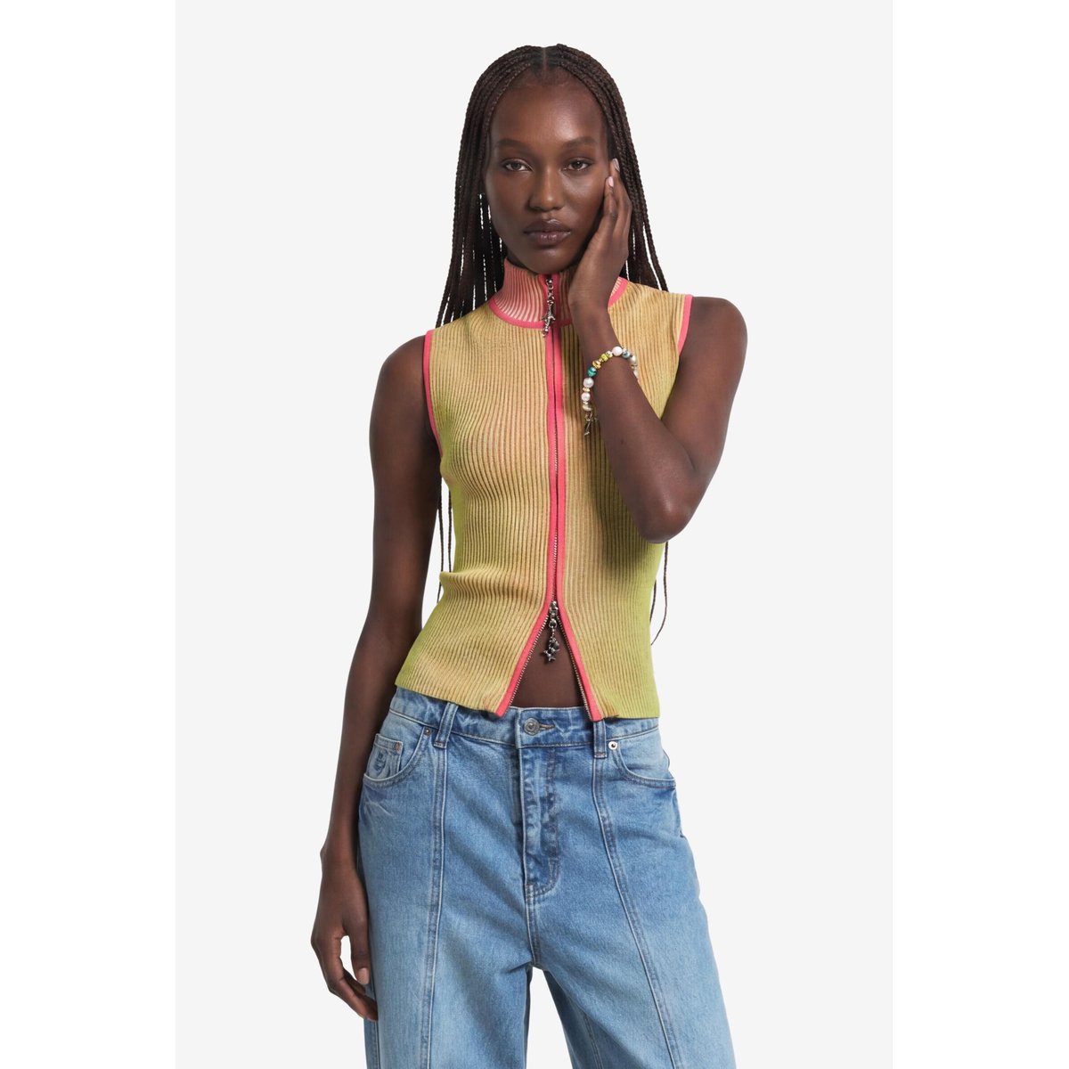 T-shirt zippé en maille irisée jaune, DESIGUAL