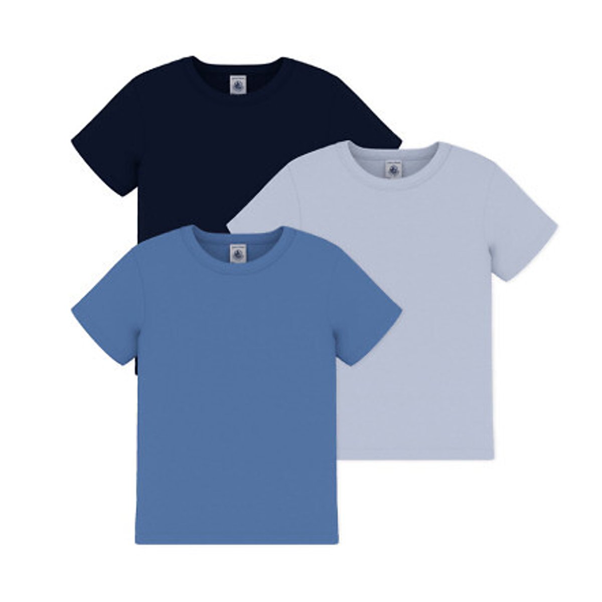 Lot de 3 T-shirts à manches courtes bleu marine + bleu + bleu ciel, PETIT BATEAU