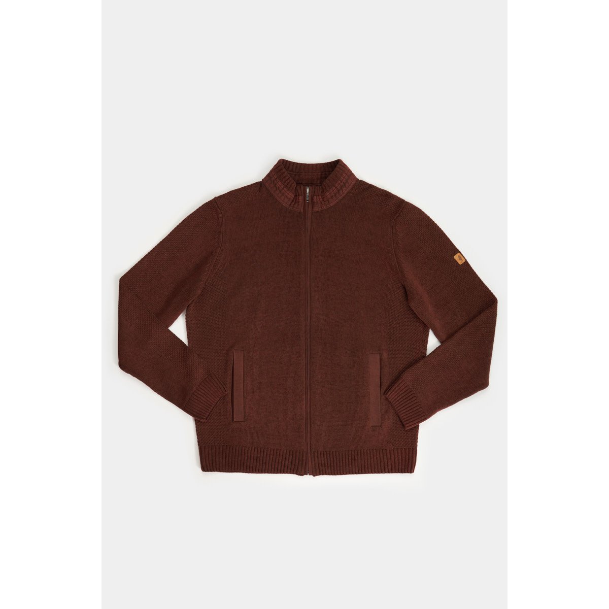 Gilet zippé chenille empiècements tissés cognac, MCS
