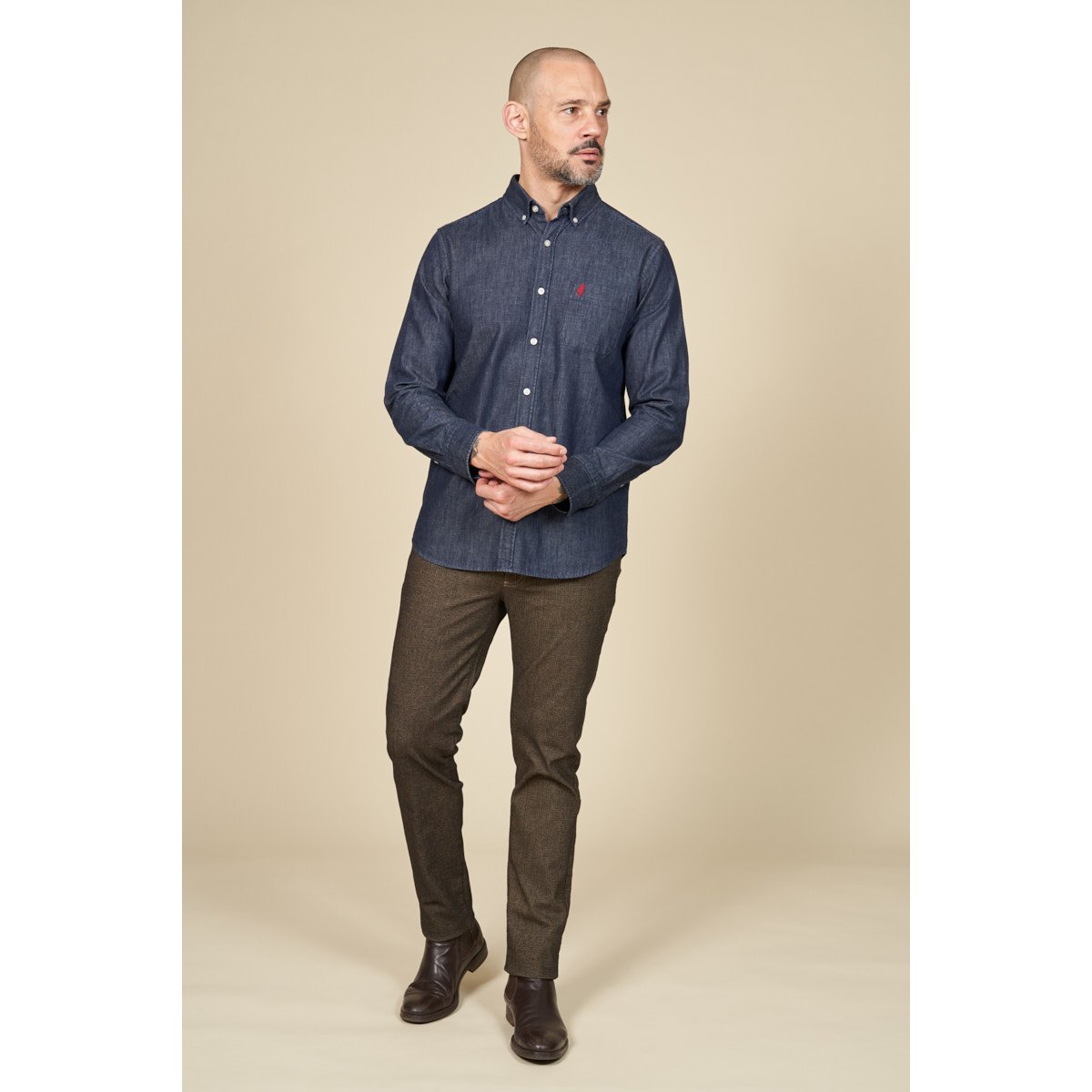 Chemise denim col boutonné bleu marine, MCS
