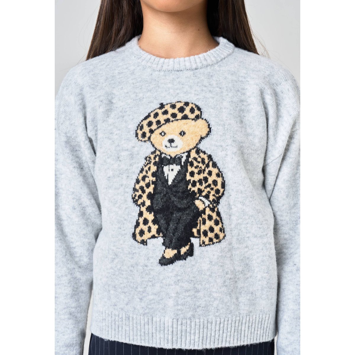 Pull fille maille douce motif ourson SWEATBEAR light grey mel, DEELUXE
