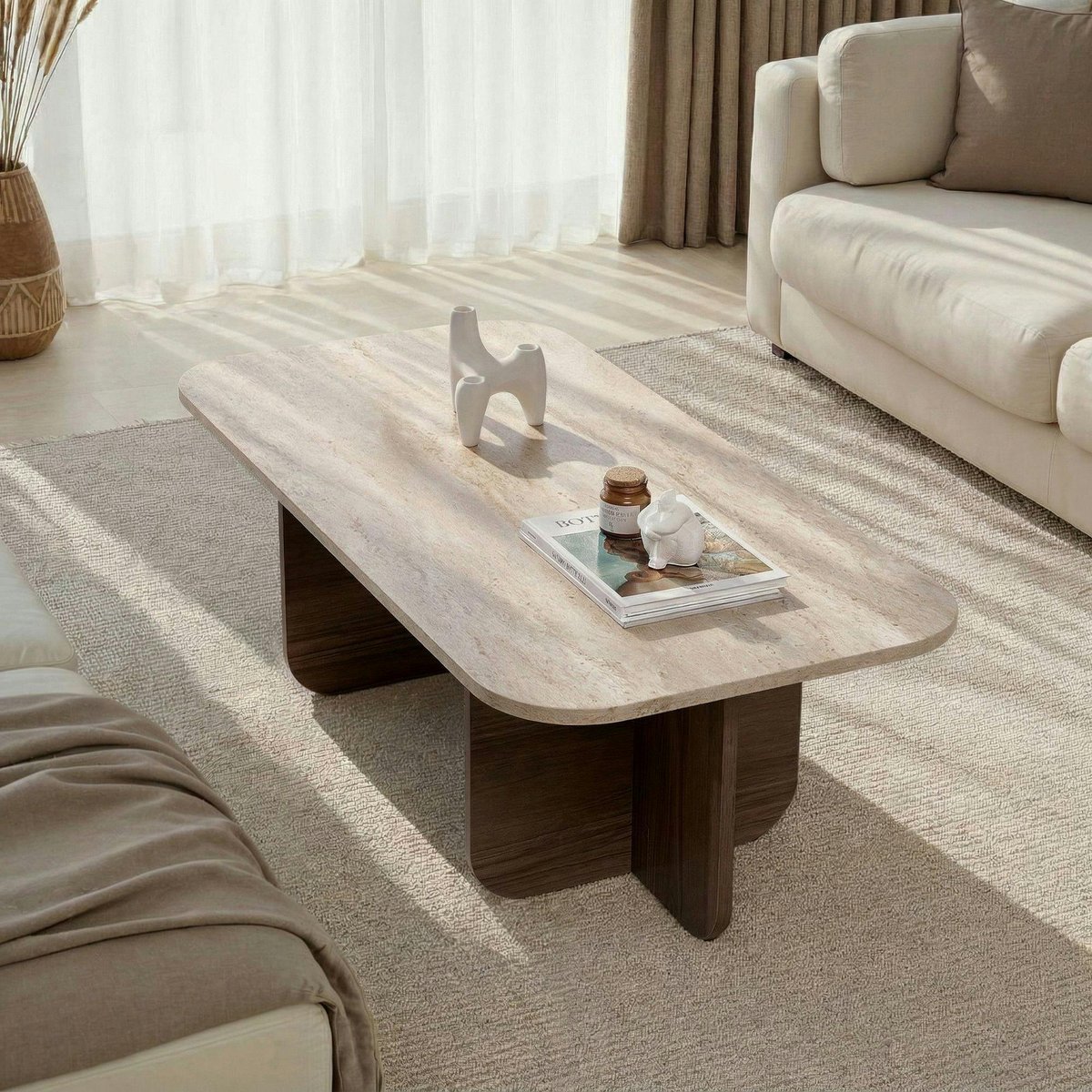 Table basse design organique décor travertin et noyer MARFA beige, PIER IMPORT