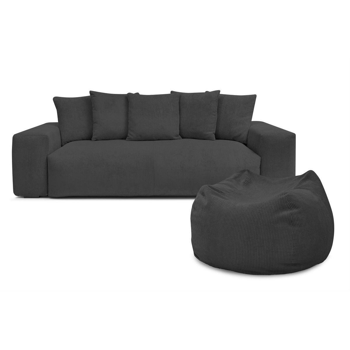 Canapé droit fixe 4 places en velours côtelé avec pouf, VOLTAIRE gris foncé, BOBOCHIC