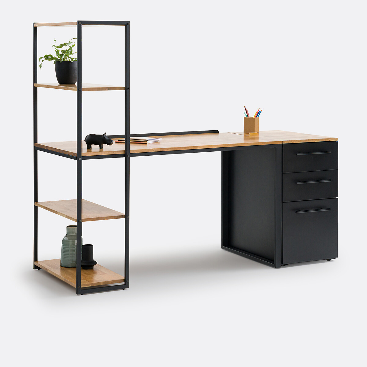 Caisson de bureau 3 tiroirs, Hiba métal noir/chêne, LA REDOUTE INTERIEURS