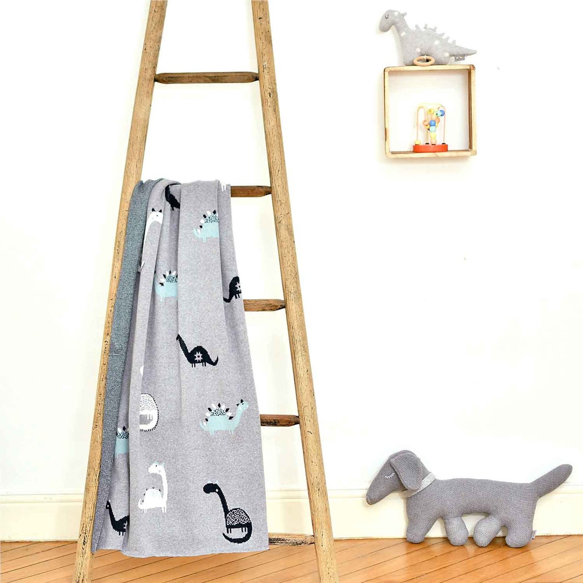 Couverture plaid en coton bio TRICOT gris, dino, SEVIRA KIDS