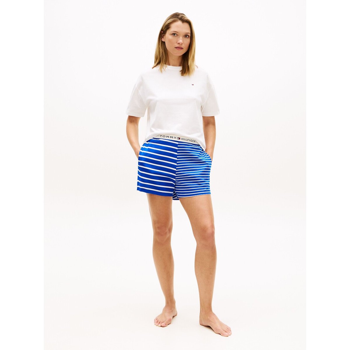 Pyjashort en coton TH Essentials ecru + bleu, TOMMY HILFIGER