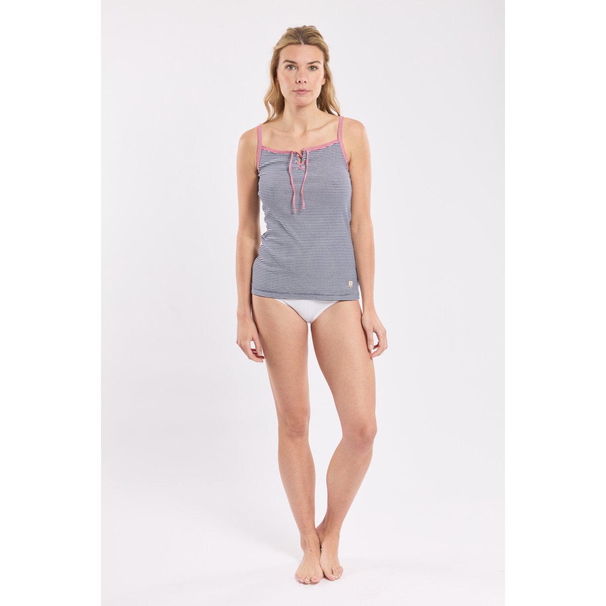 Débardeur rayé à laçage en coton marine deep/blanc, ARMOR-LUX