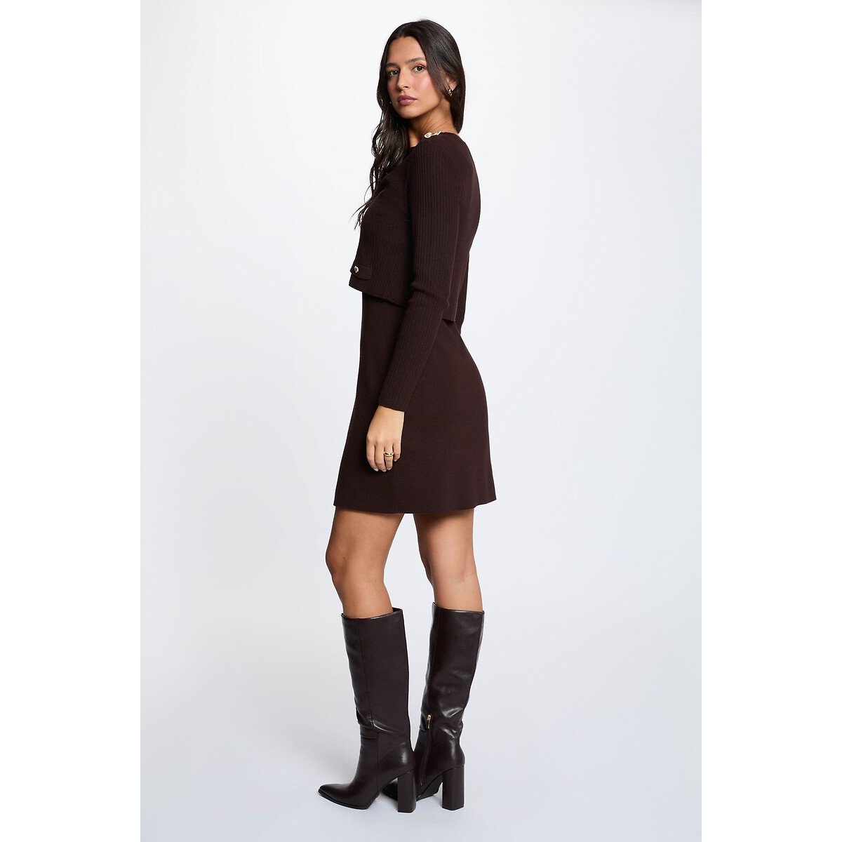 Kurzes Strickkleid im 2-in-1-Look kaffee, MORGAN