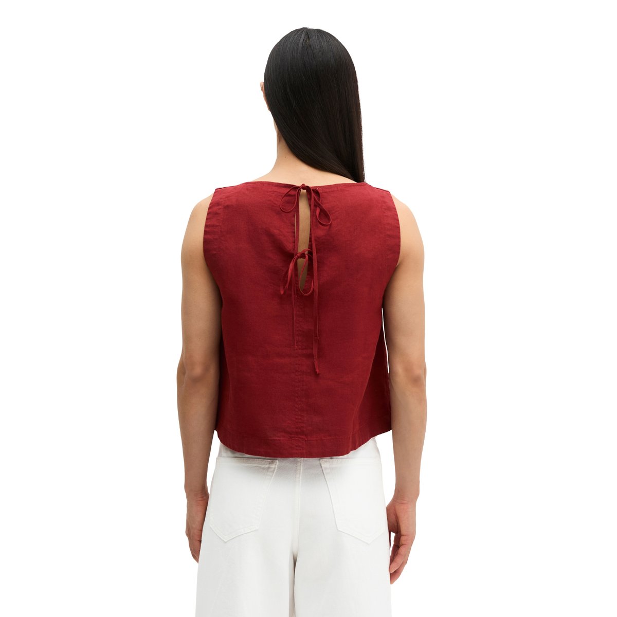 Blouse en lin sans manches regular avec des liens à nouer dans le dos rouge foncé, MARC O'POLO