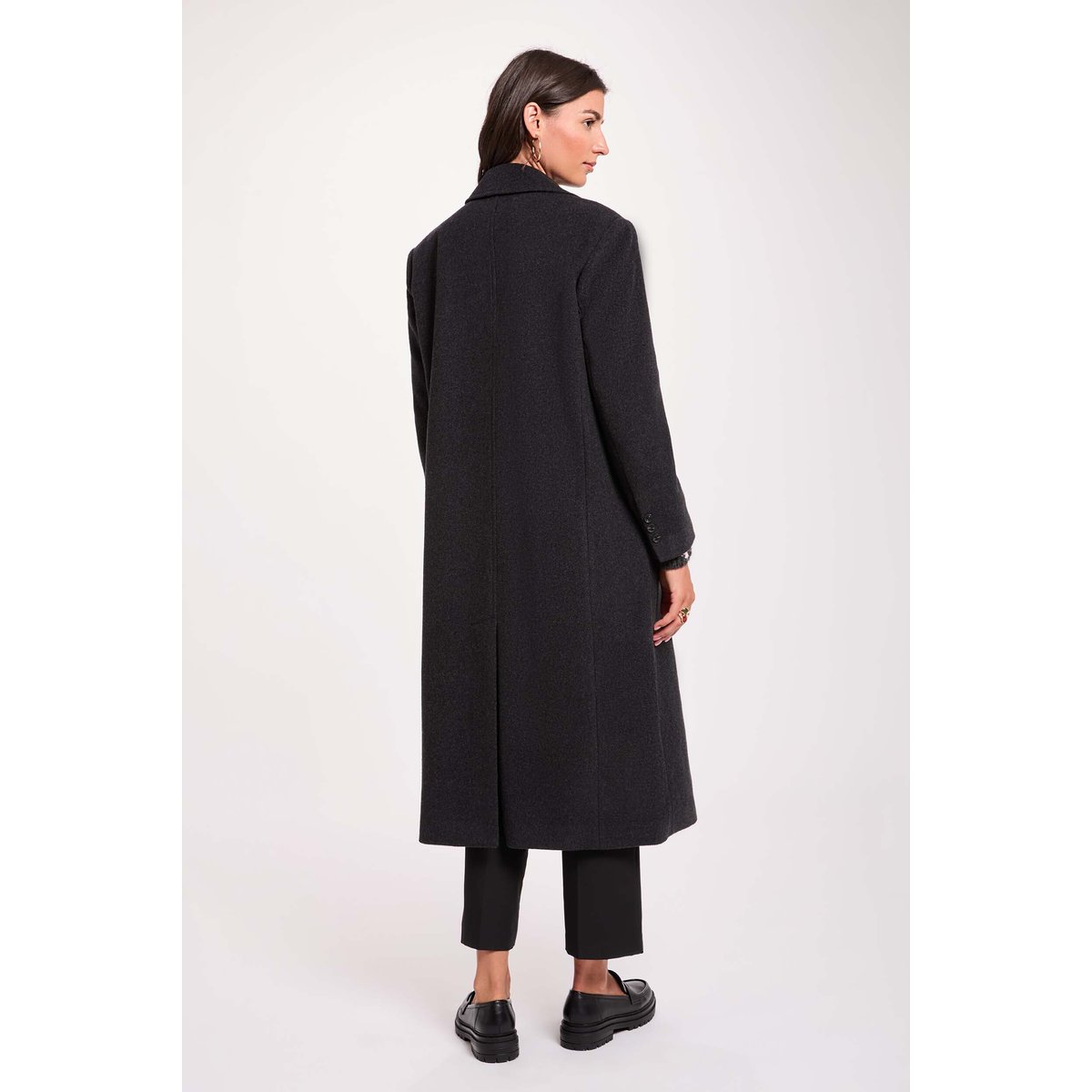Manteau long col tailleur denim gris fonce, MORGAN