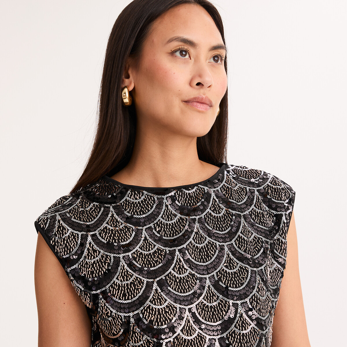 Vestido direito, sem mangas, com lantejoulas, até ao joelho preto/dourado, ANNE WEYBURN