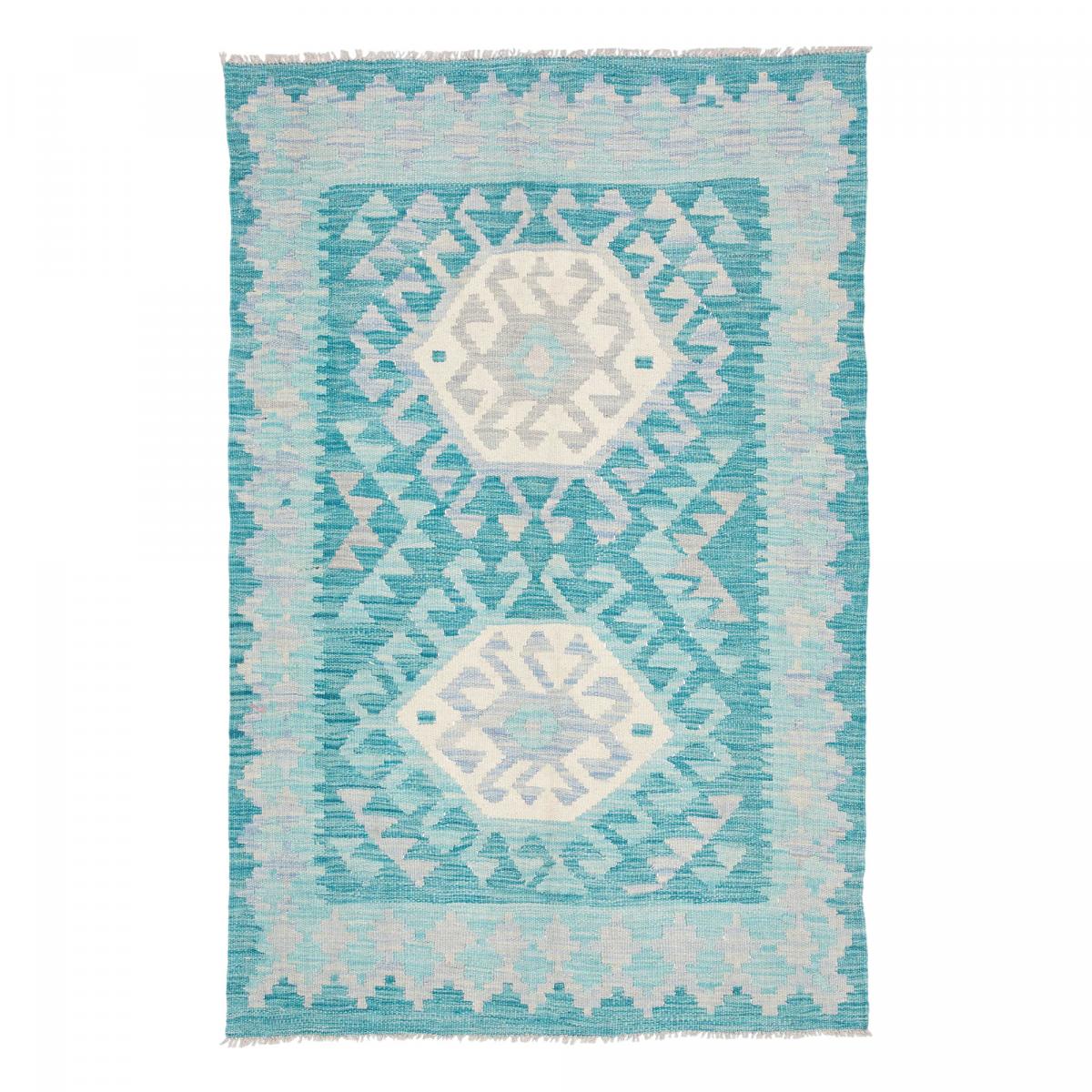 Tapis d'orient, motif géométrique authentique, tissé à plat, KILIM 15 bleu, crème, gris, UN AMOUR DE TAPIS
