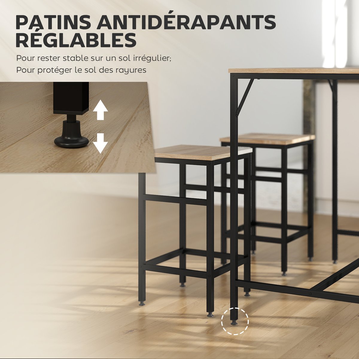 Ensemble de table de bar Métal Beige beige, bois clair, noir, HOMCOM