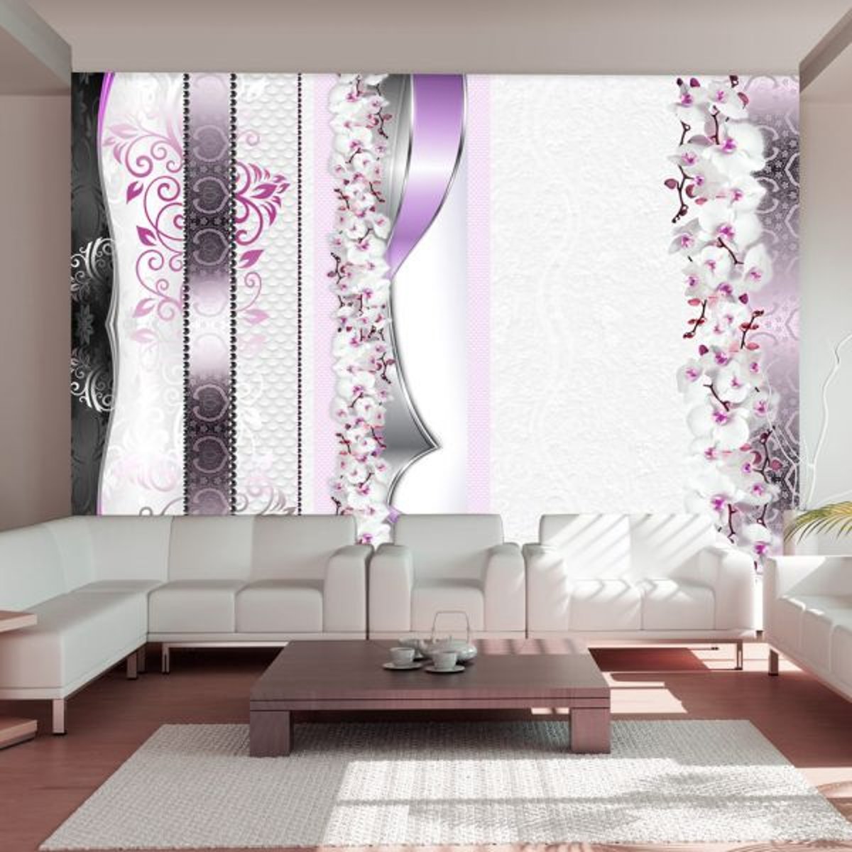 Papier peint intissé panoramique Fleurs Parade of orchids in violet gris / argent, EDEN