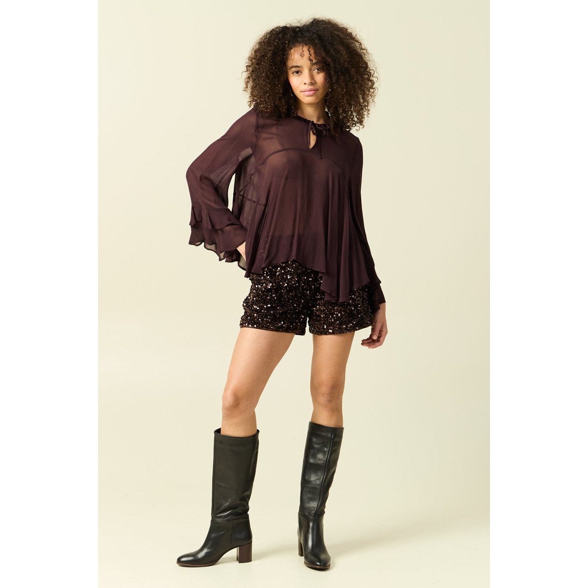 Blouse manches longues col ras de cou marron foncé, BONOBO