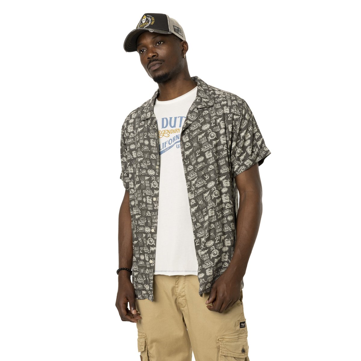 Chemise en viscose AOP kaki/blanc, VON DUTCH