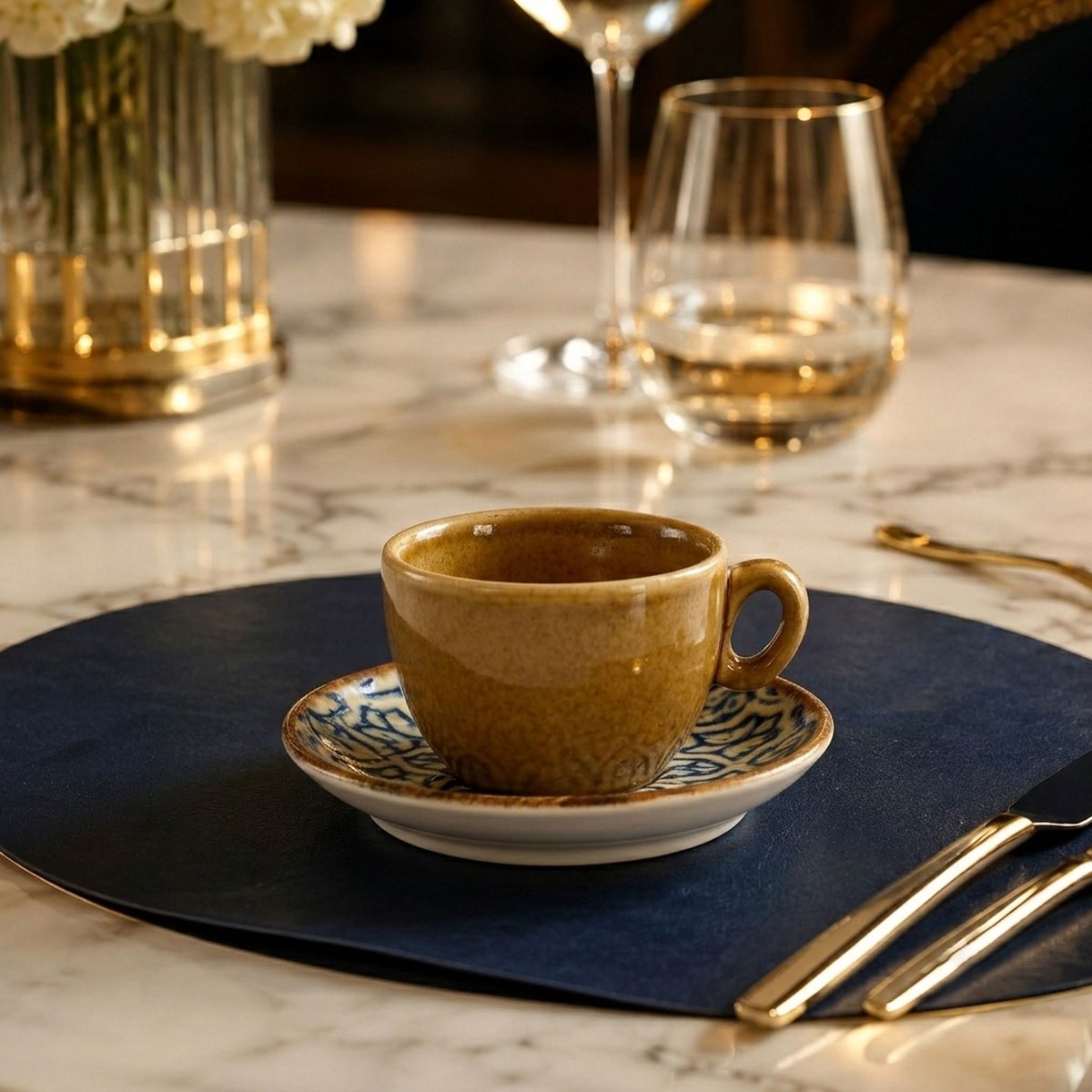 Lot de 6 tasses 16cl avec soucoupes en porcelaine, CALYPSO bleu-jaune, OGO LIVING
