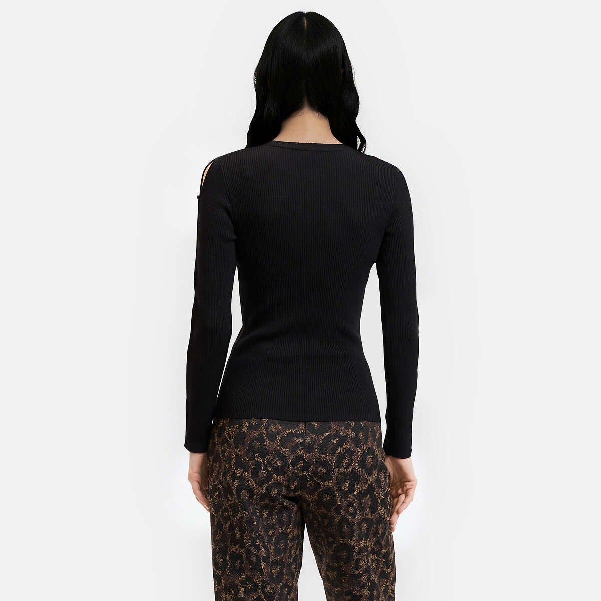 Fine Ribbed Knit Crew Neck Jumper with Button Detail black, LA REDOUTE COLLECTIONS