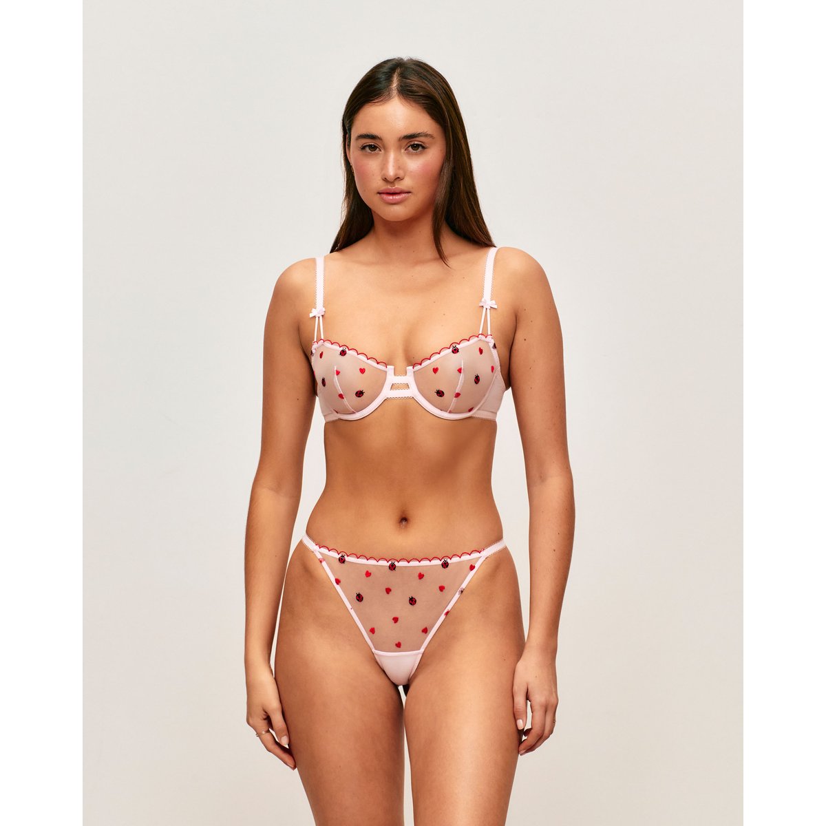 Soutien-gorge corbeille en mesh brodé de motifs cœurs et coccinelles LADYBRODIZ rose, UNDIZ
