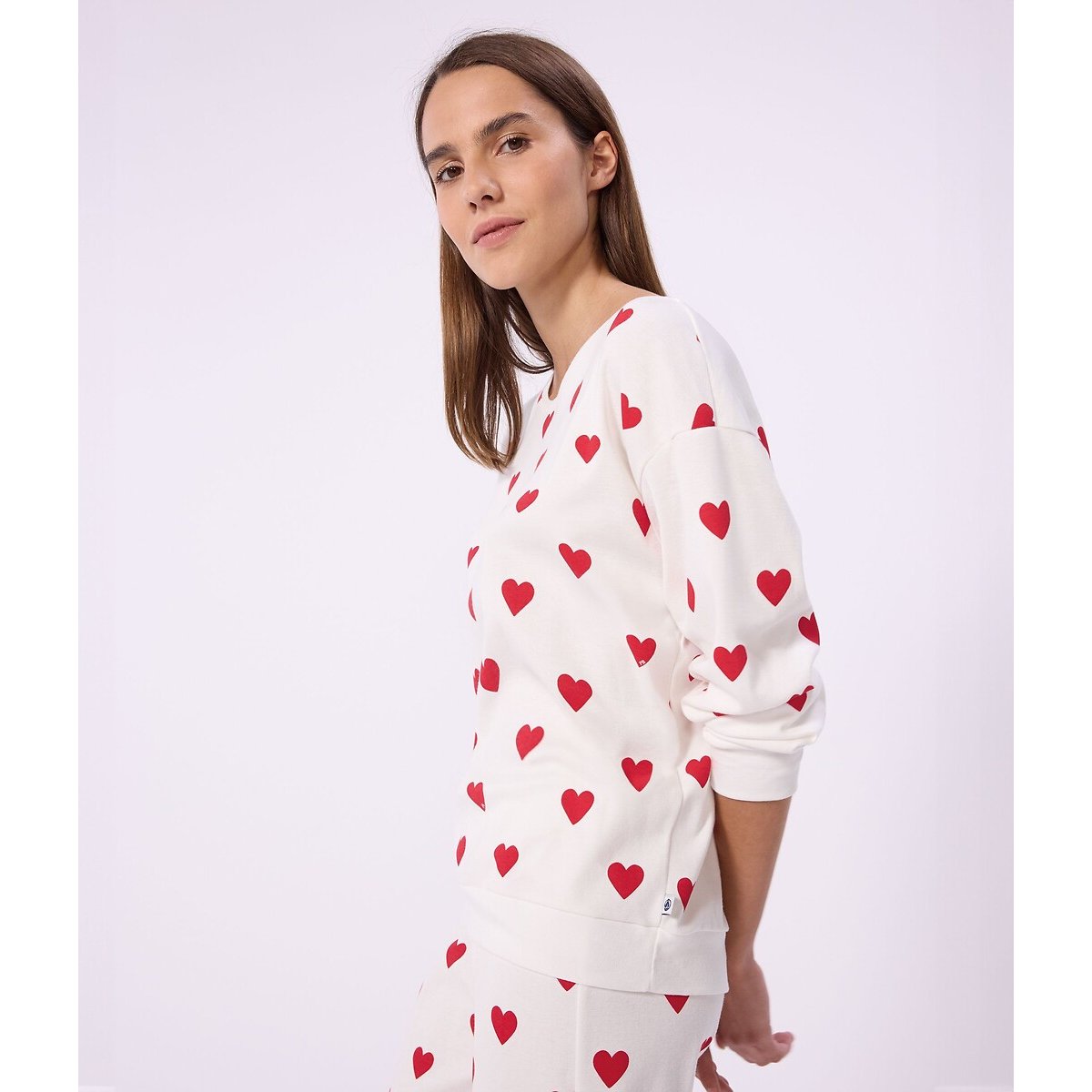 Pyjama long en coton, imprimé cœur blanc cœur rouge, PETIT BATEAU