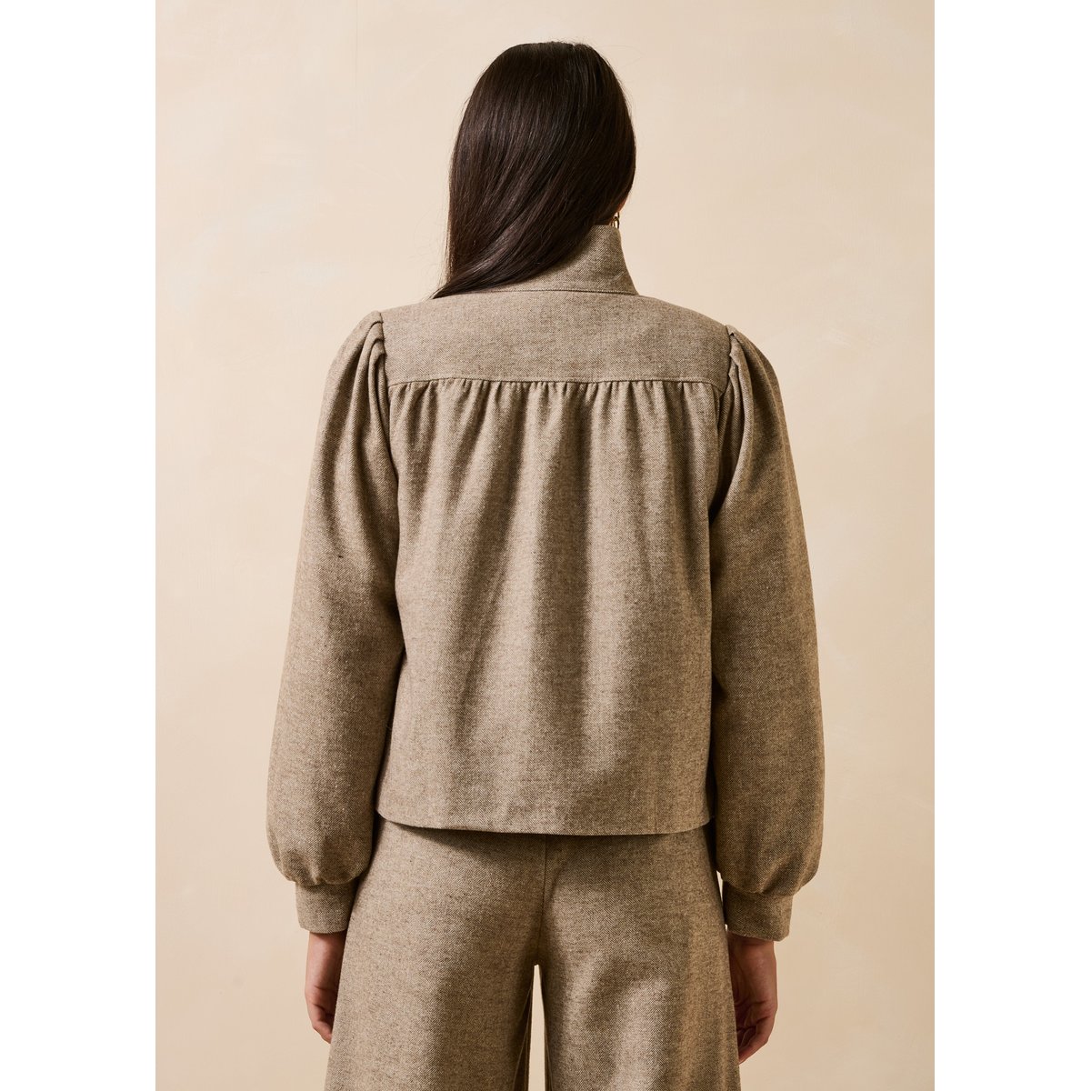 Veste en tweed manches longues col montant greige, LA FEE MARABOUTEE
