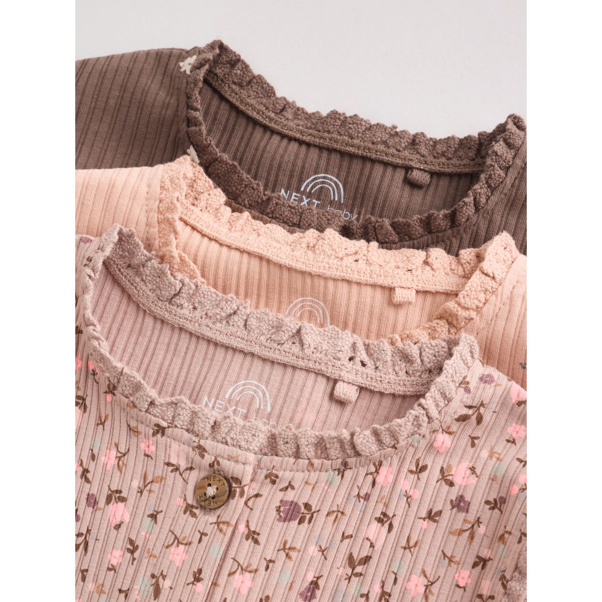 Barboteuse bébé boutonnée, lot de 3 imprimé floral ton sur ton marron, NEXT