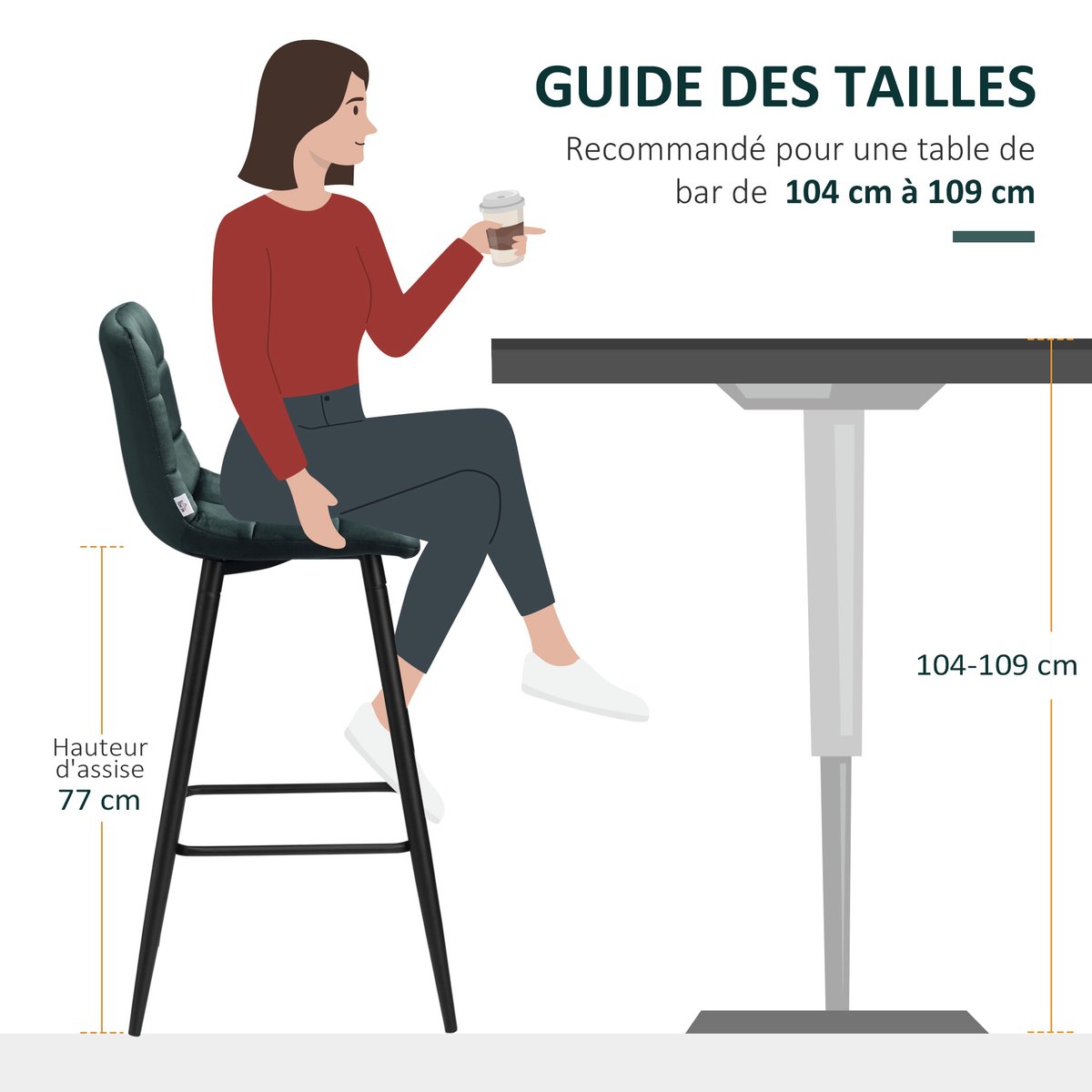 Tabouret de bar Velours (100 % polyester) vert foncé, HOMCOM